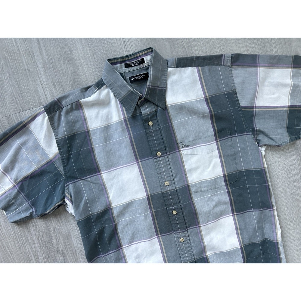 Vintage Christian Dior Shirt Mens Medium Grey Plaid Short Sleeve Button Up